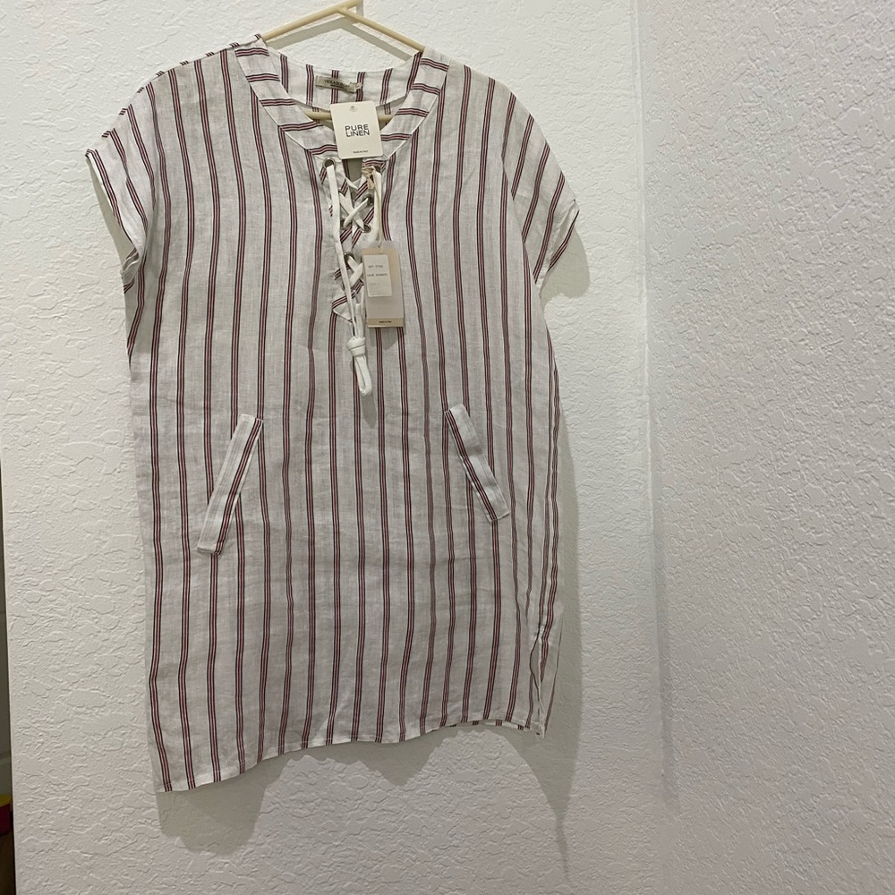 Viola Borghi - Beach Cover Up Dress - White with Blue and Red Pin Stripe - L